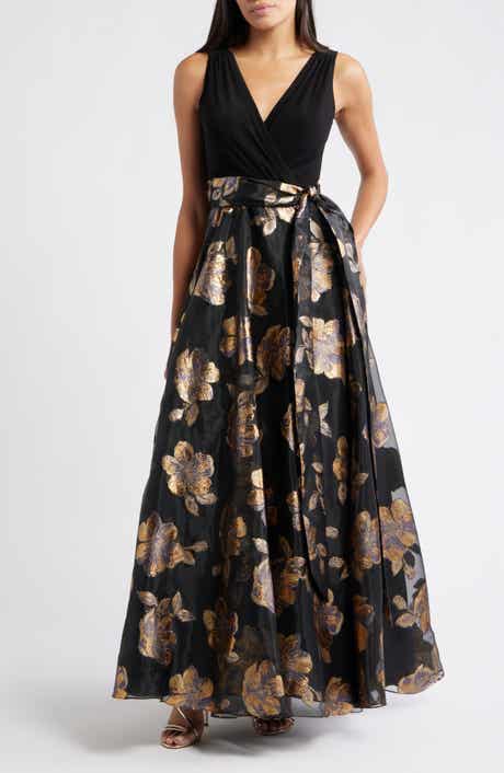 Eliza J Floral Metallic Sleeveless Mixed Media Ballgown