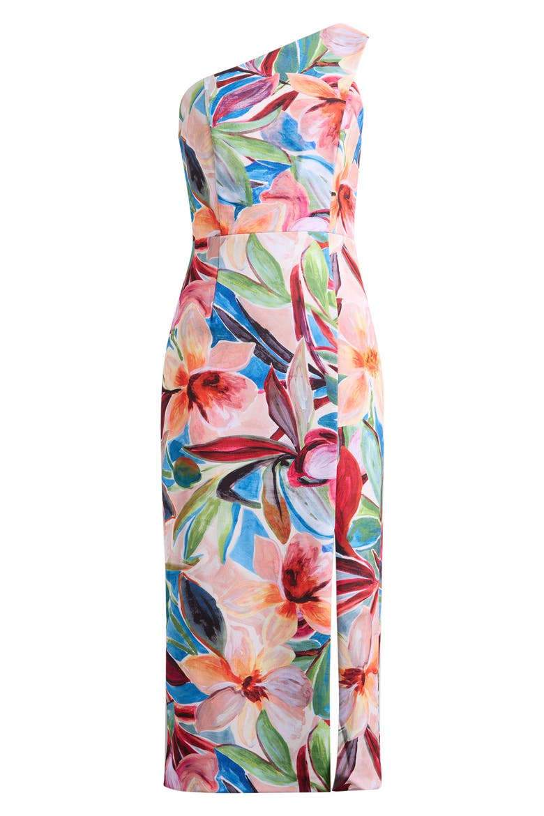 One-Shoulder Tropical Floral Midi Dress, Alternate, color, BLUE MULTI