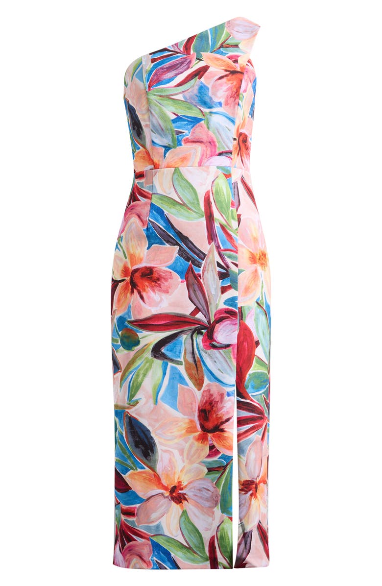 Vince Camuto One-Shoulder Tropical Floral Midi Dress, Main, color, Blue Multi