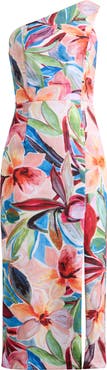 Vince Camuto One-Shoulder Tropical Floral Midi Dress