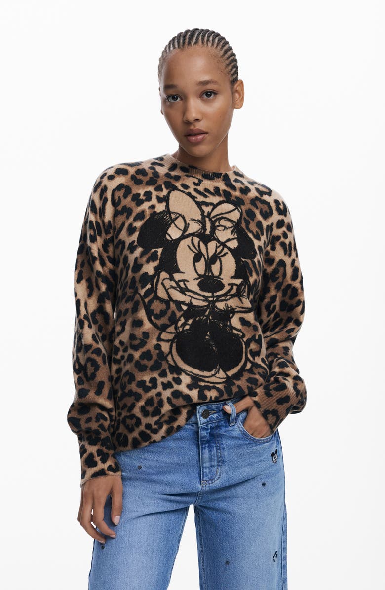 Desigual Minnie Mouse Leopard Sweater, Alternate, color, Brown