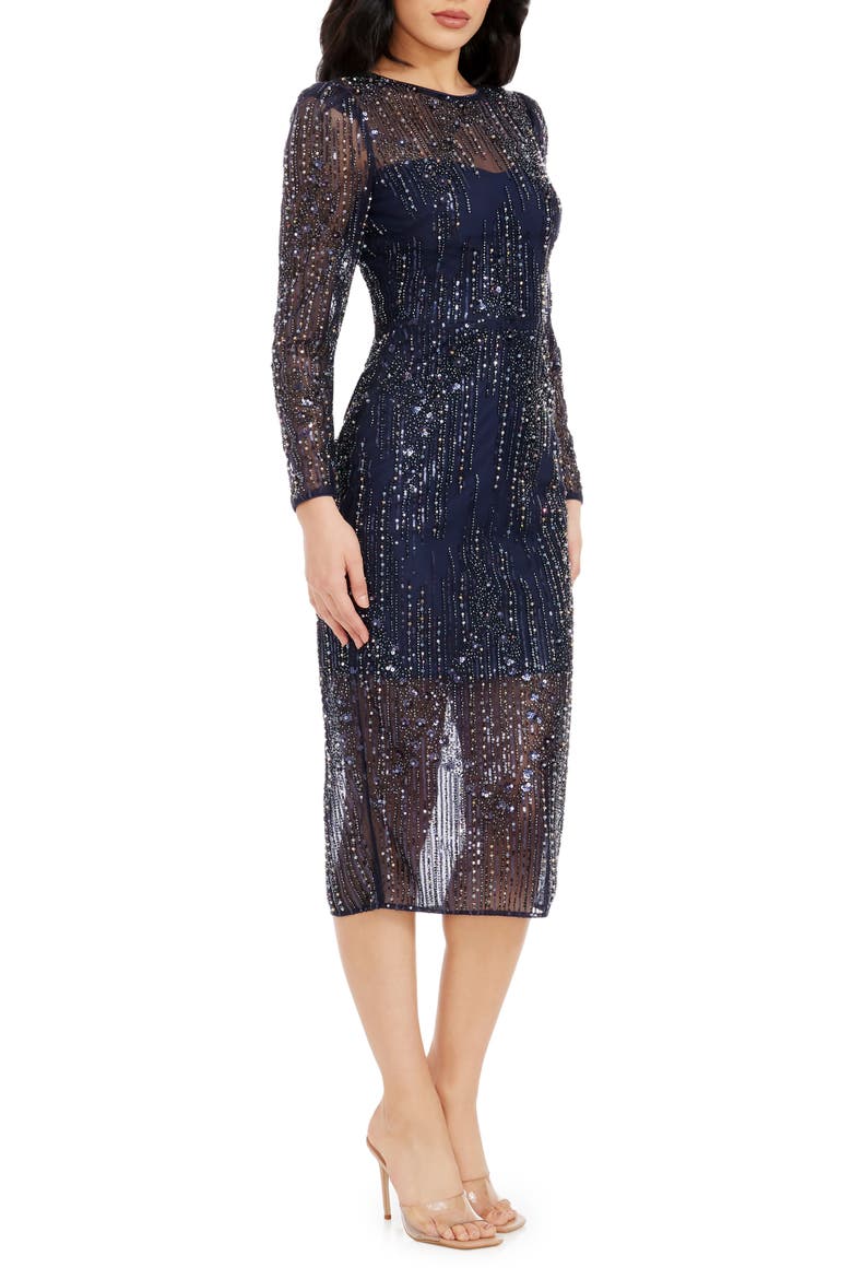 Sophia Bead & Sequin Long Sleeve Cocktail Midi Dress, Alternate, color, MIDNIGHT BLUE M