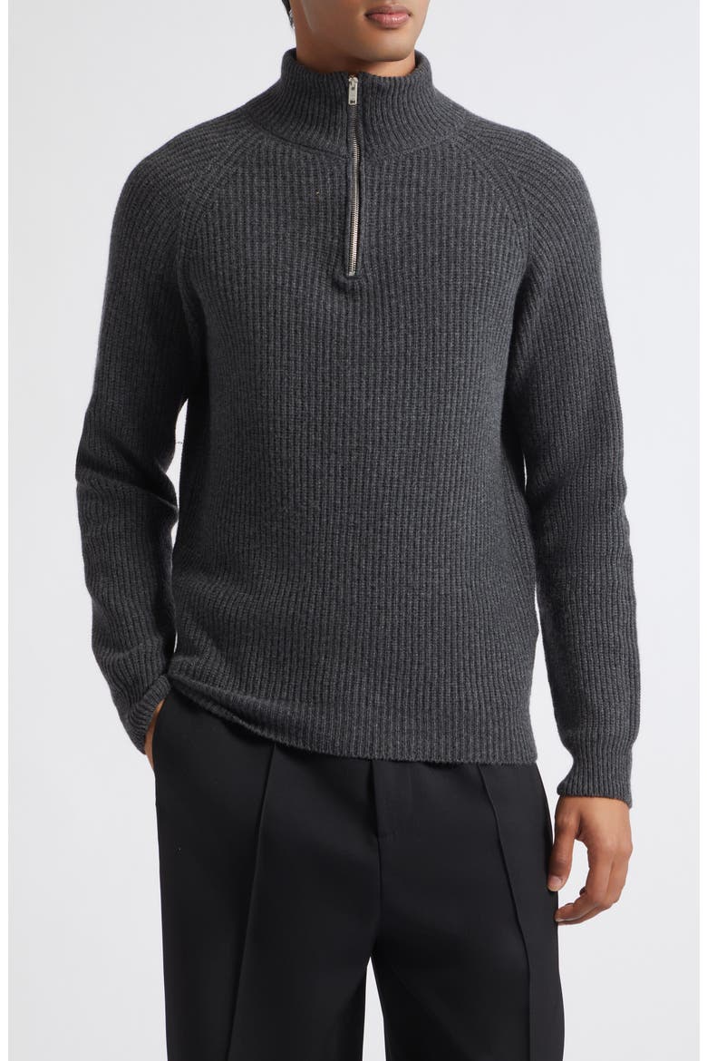 Cashmere & Extrafine Merino Wool Rib Half Zip Sweater, Main, color, DARK ASH