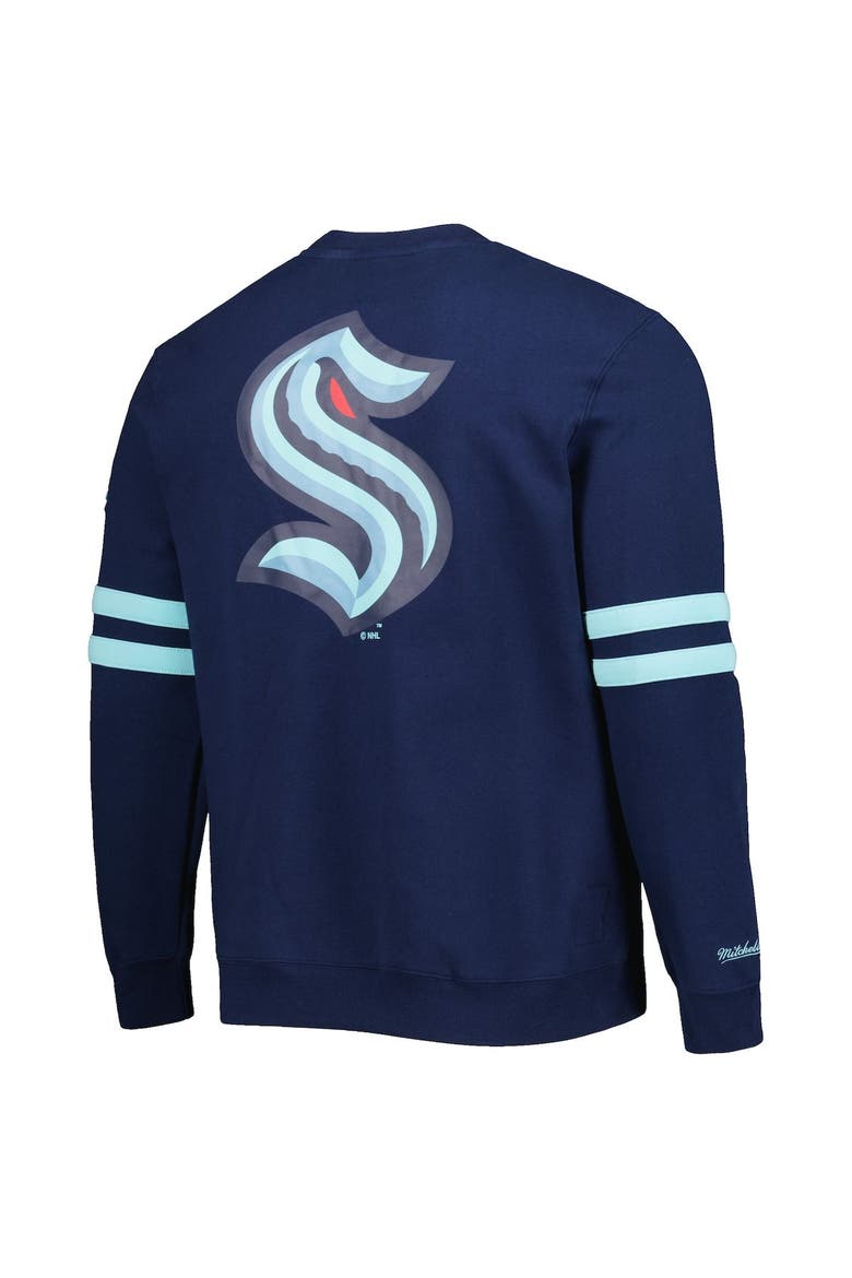 Men's Mitchell & Ness Deep Sea Blue Seattle Kraken Allover Logo Pullover Sweatshirt, Alternate, color, Navy