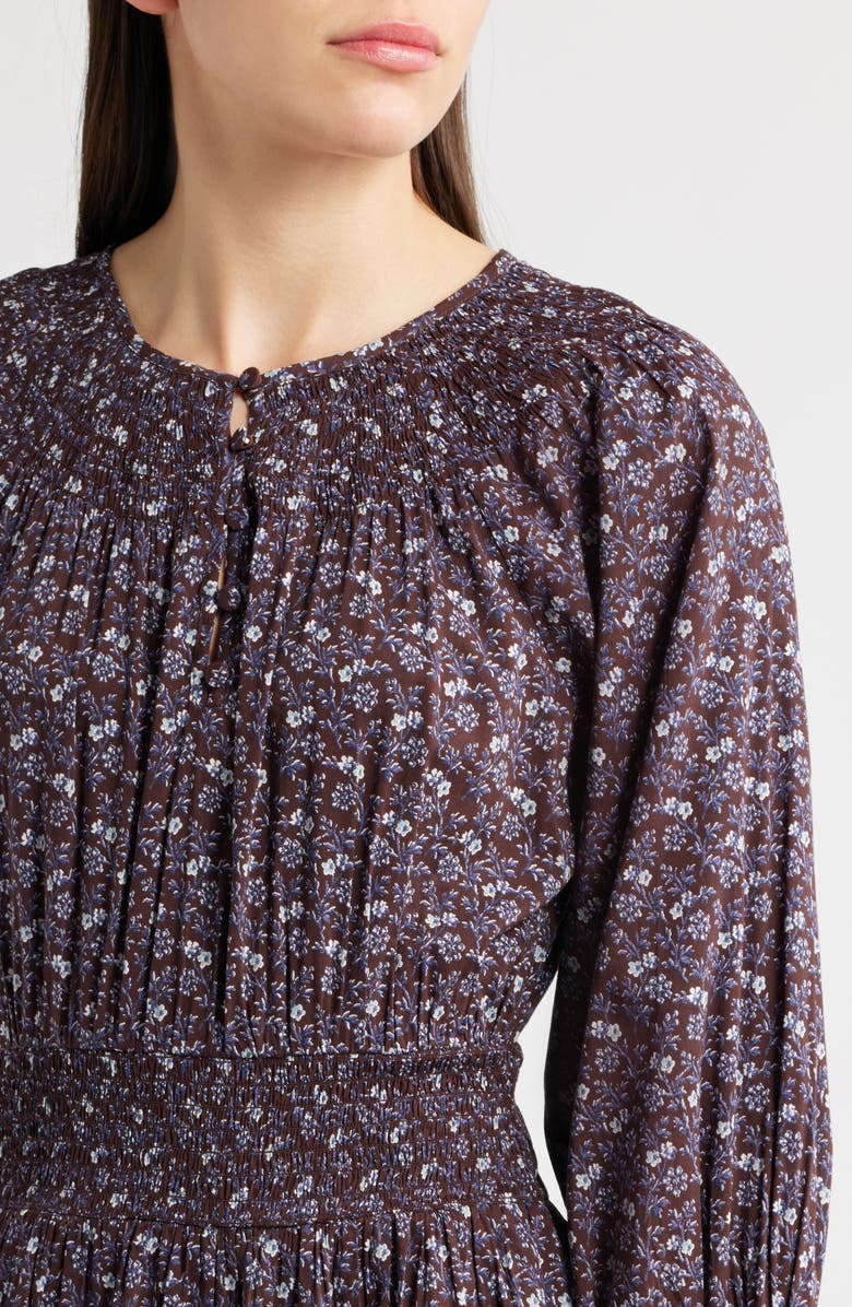 Madewell Shirred Splitneck Floral Midi Dress, Alternate, color, Chocolate Raisin