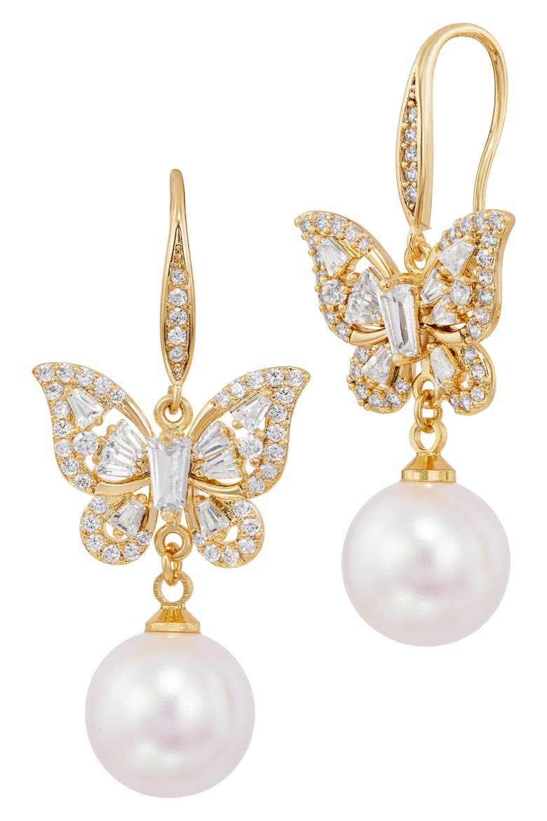 Cubic Zirconia & Faux Pearl Drop Butterfly Earrings, Main, color, GOLD