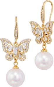 SAVVY CIE JEWELS Cubic Zirconia & Faux Pearl Drop Butterfly Earrings