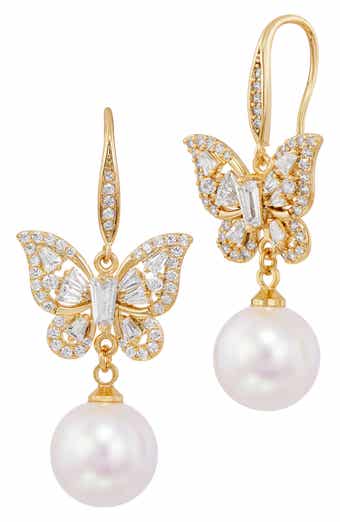 Cubic Zirconia & Faux Pearl Drop Butterfly Earrings