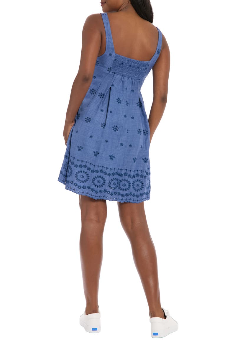 Embroidered Eyelet Sleeveless Pleated Trapeze Dress, Alternate, color, DENIM
