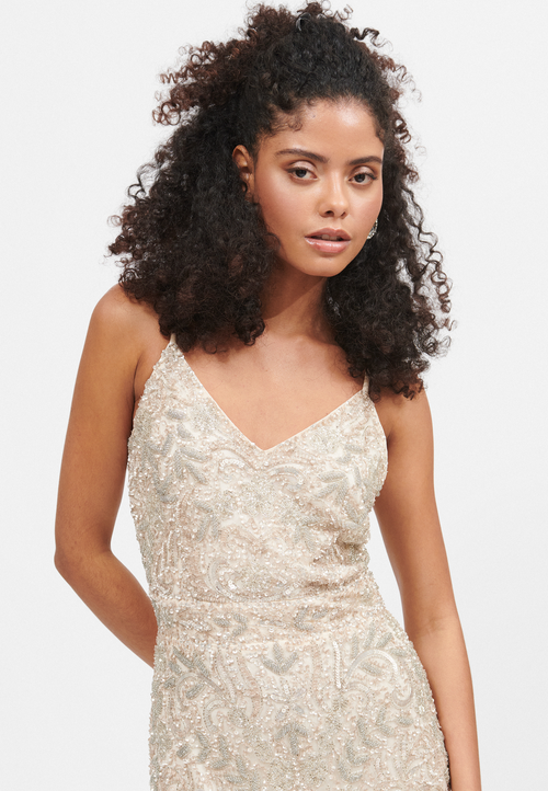 Beauut Embellished Sequin Beaded V Neck With Straps Maxi Dress In Cream
