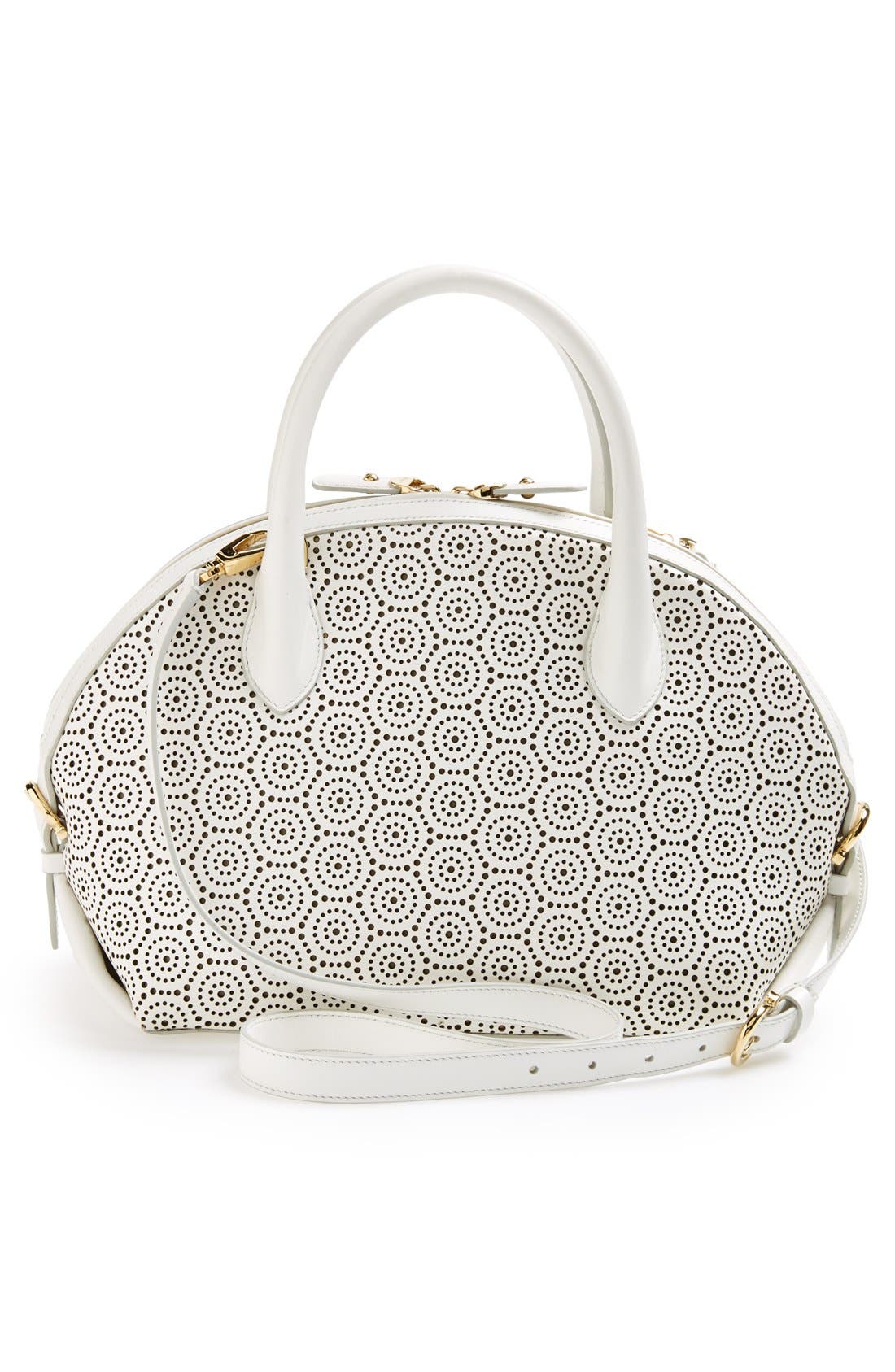 Salvatore Ferragamo 'Fiamma' Perforated Leather Dome Satchel, Alternate, color, NEW BIANCO
