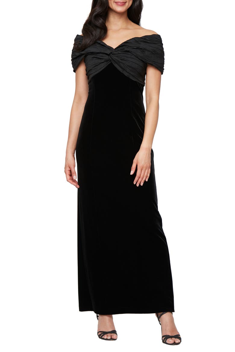 Off the Shoulder Taffeta & Velvet Sheath Gown, Main, color, BLACK