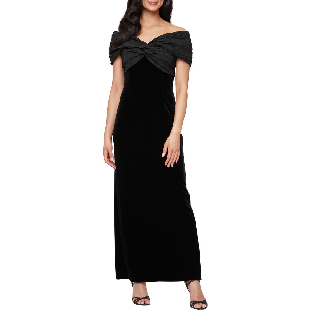 Alex Evenings Off The Shoulder Taffeta & Velvet Sheath Gown In Black