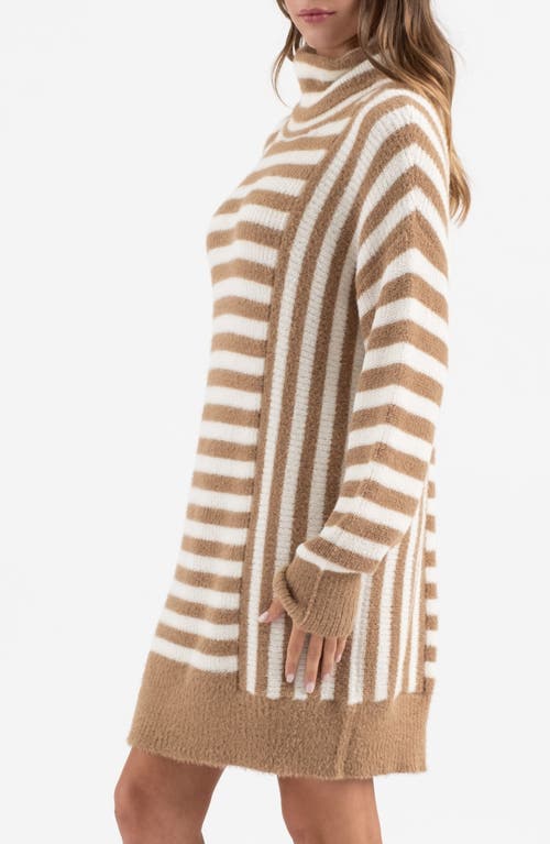 Blu Pepper Stripe Long Sleeve Turtleneck Sweater Dress In Brown