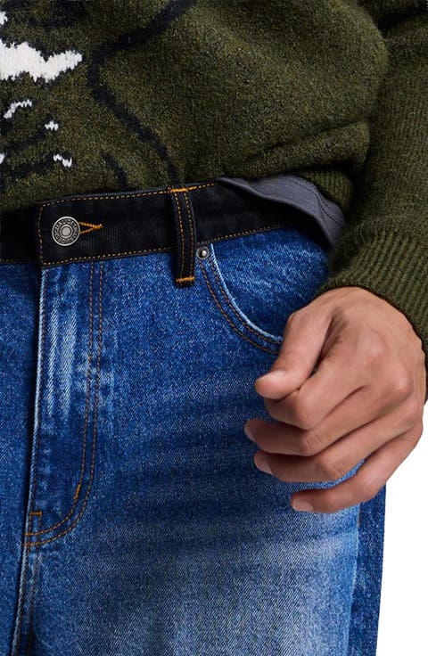 Contrast Waistband Distressed Straight Leg Jeans
