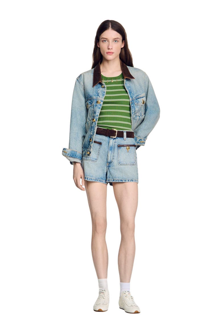 Denim shorts with leather detail, Alternate, color, Blue jean