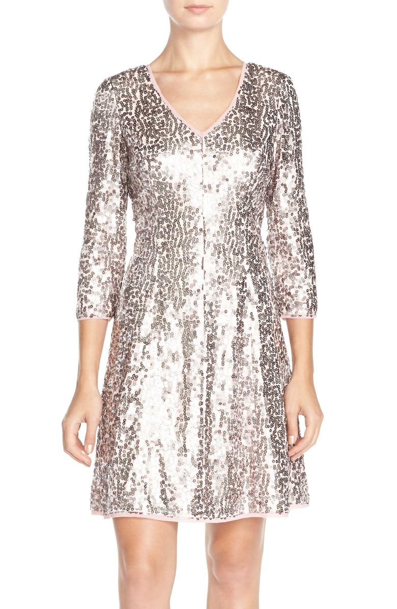 Eliza J Sequin Mesh Fit & Flare Dress, Main, color, 