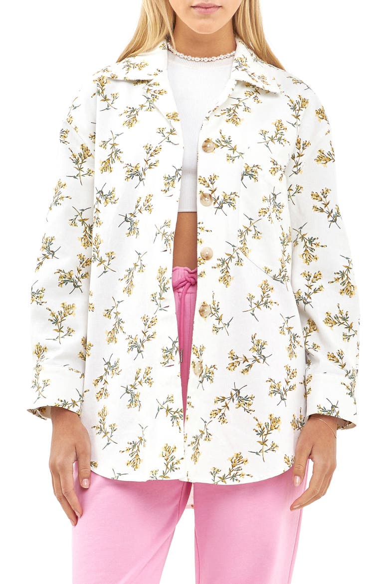 Floral Print Oversize Shirt Jacket, Main, color, WHITE MULTI