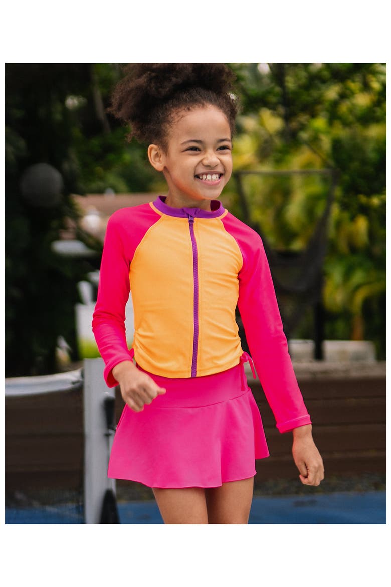 Girls Long Sleeve Zip Front UPF 50 Rash Guard, Main, color, Orange Pop/Pink Colorblock