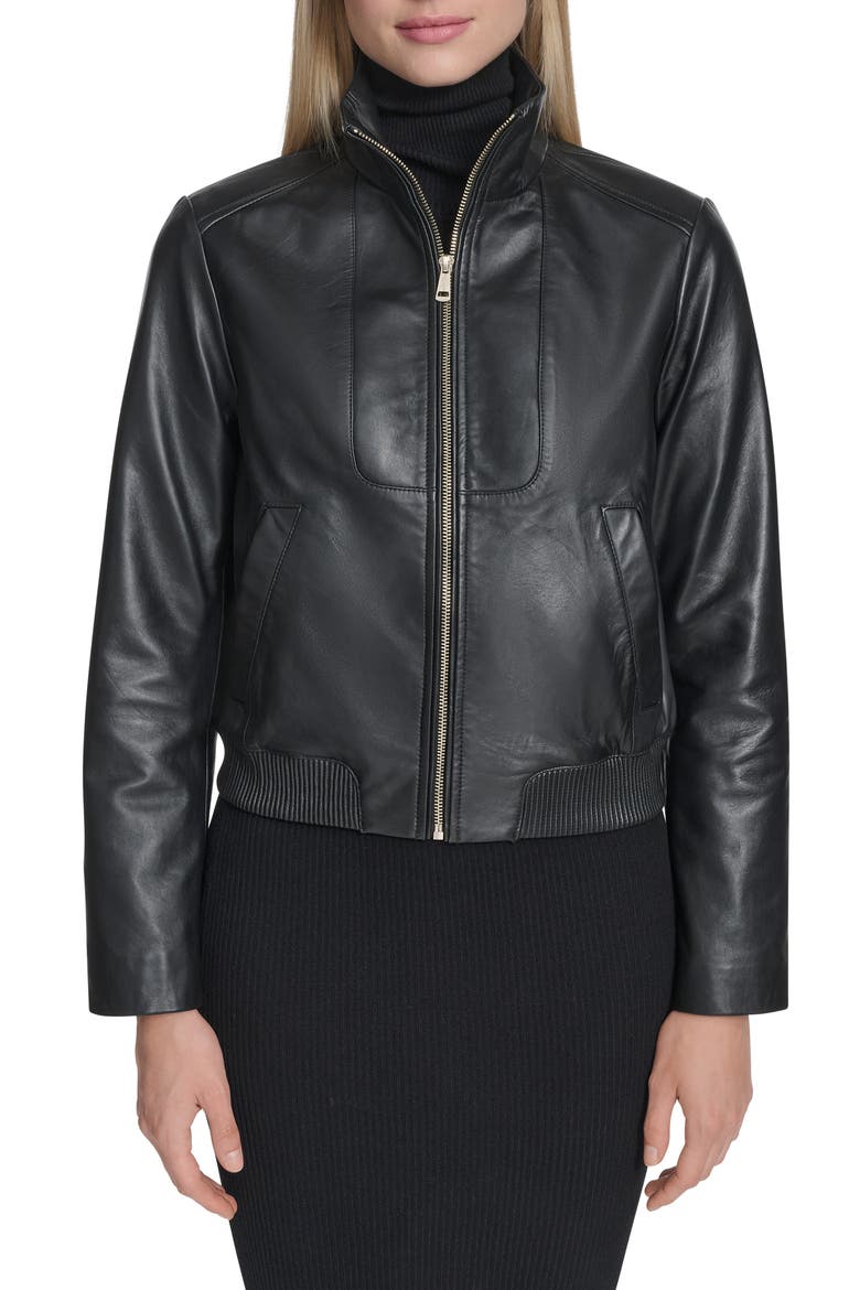 Stand Collar Leather Bomber Jacket, Main, color, BLACK