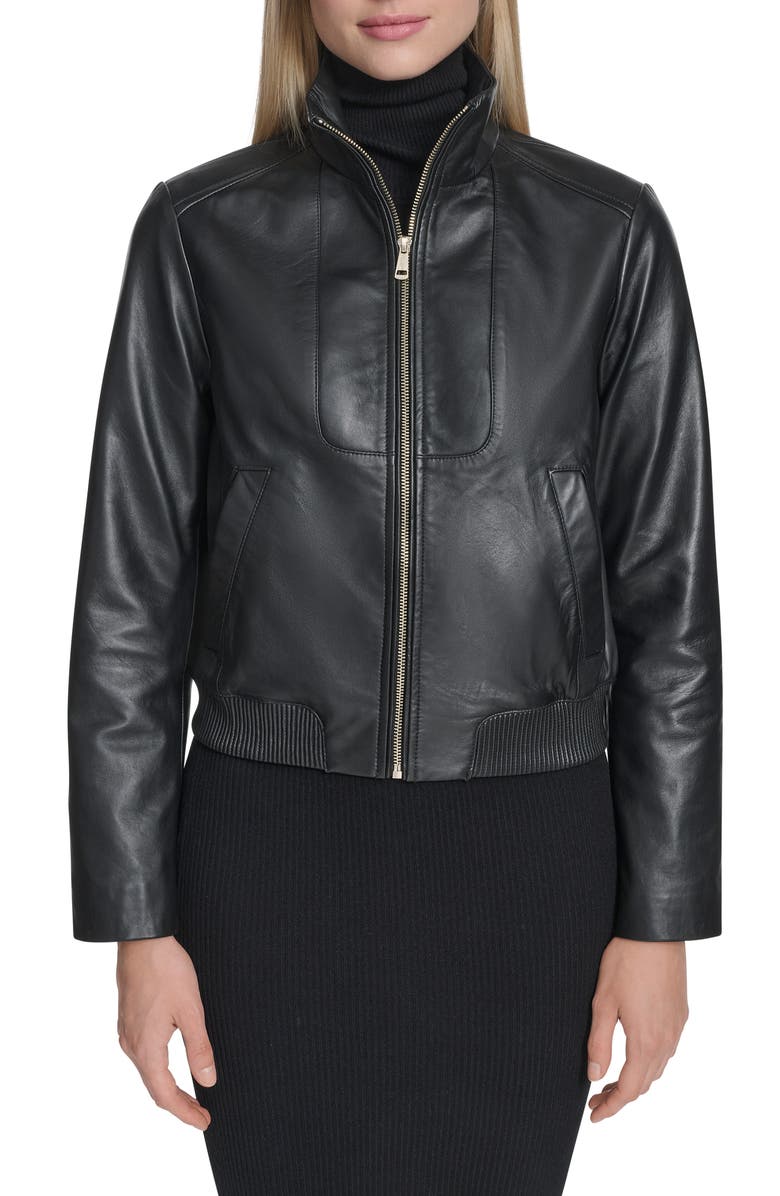 Cole Haan Stand Collar Leather Bomber Jacket, Main, color, Black