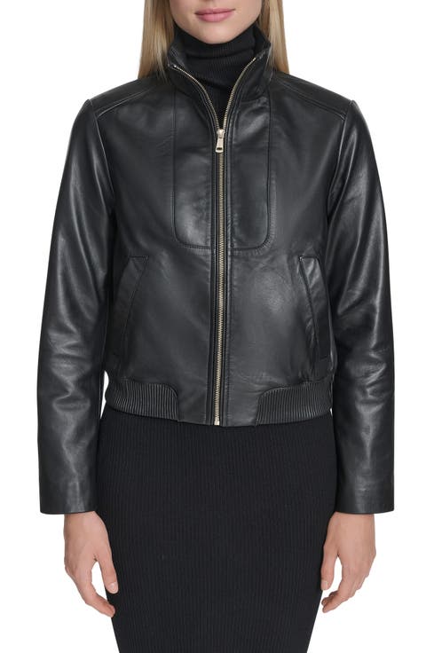 Stand Collar Leather Bomber Jacket