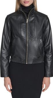 Cole Haan Stand Collar Leather Bomber Jacket