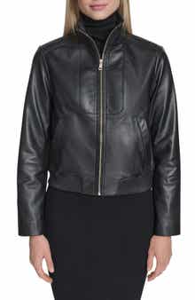 Cole Haan Stand Collar Leather Bomber Jacket