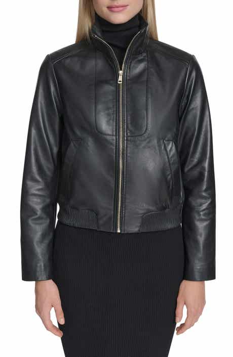 Cole Haan Stand Collar Leather Bomber Jacket