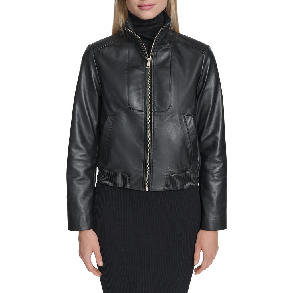 Cole Haan Stand Collar Leather Bomber Jacket In Black