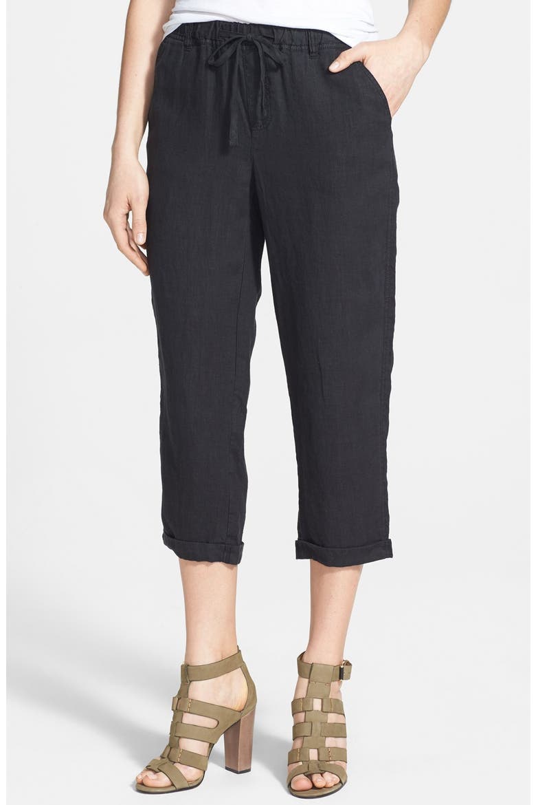 Slub Linen Crop Pants, Main, color, BLACK