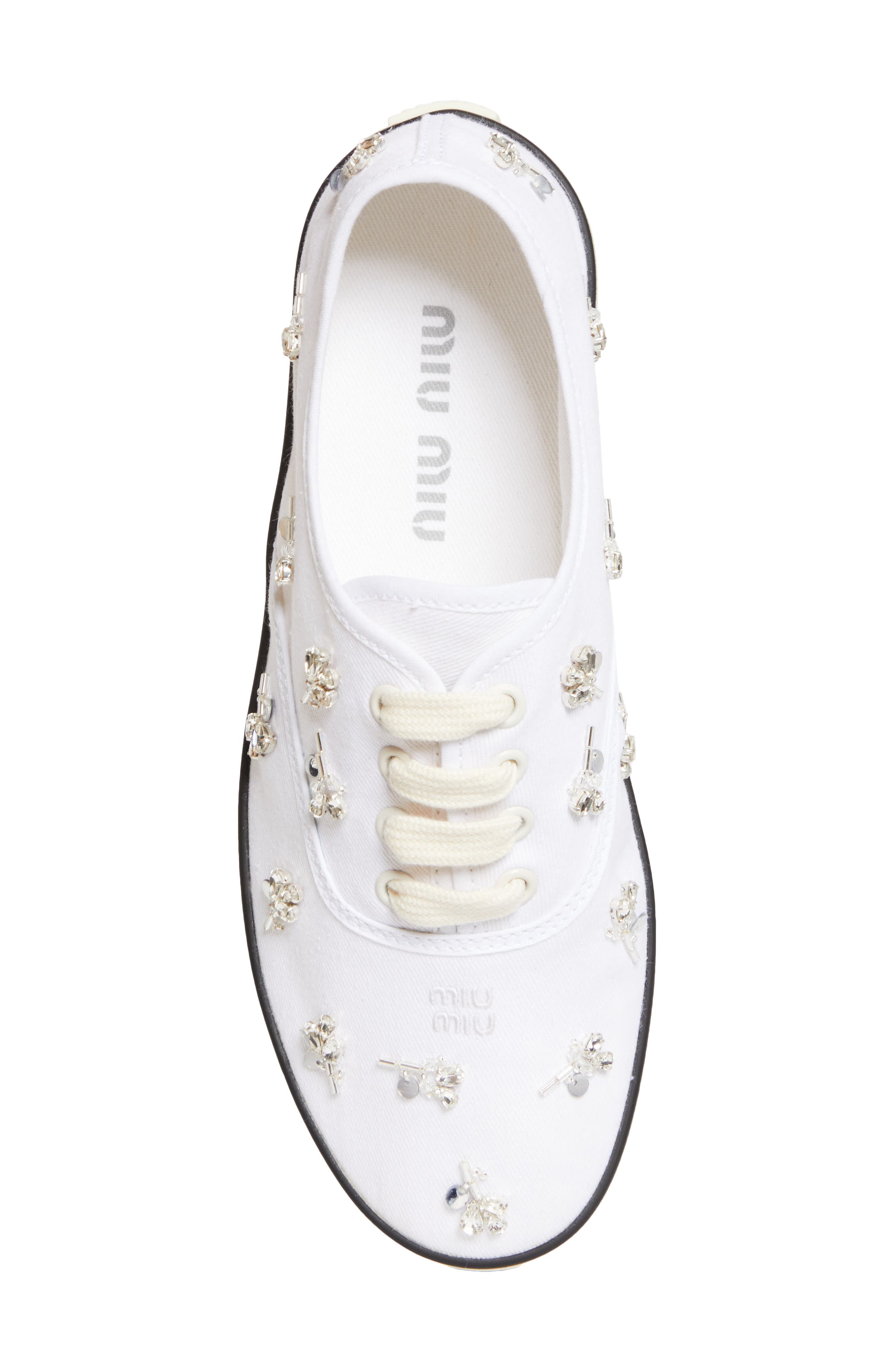 Miu Miu Crystal Embellished Low Top Canvas Sneaker, Alternate, color, White
