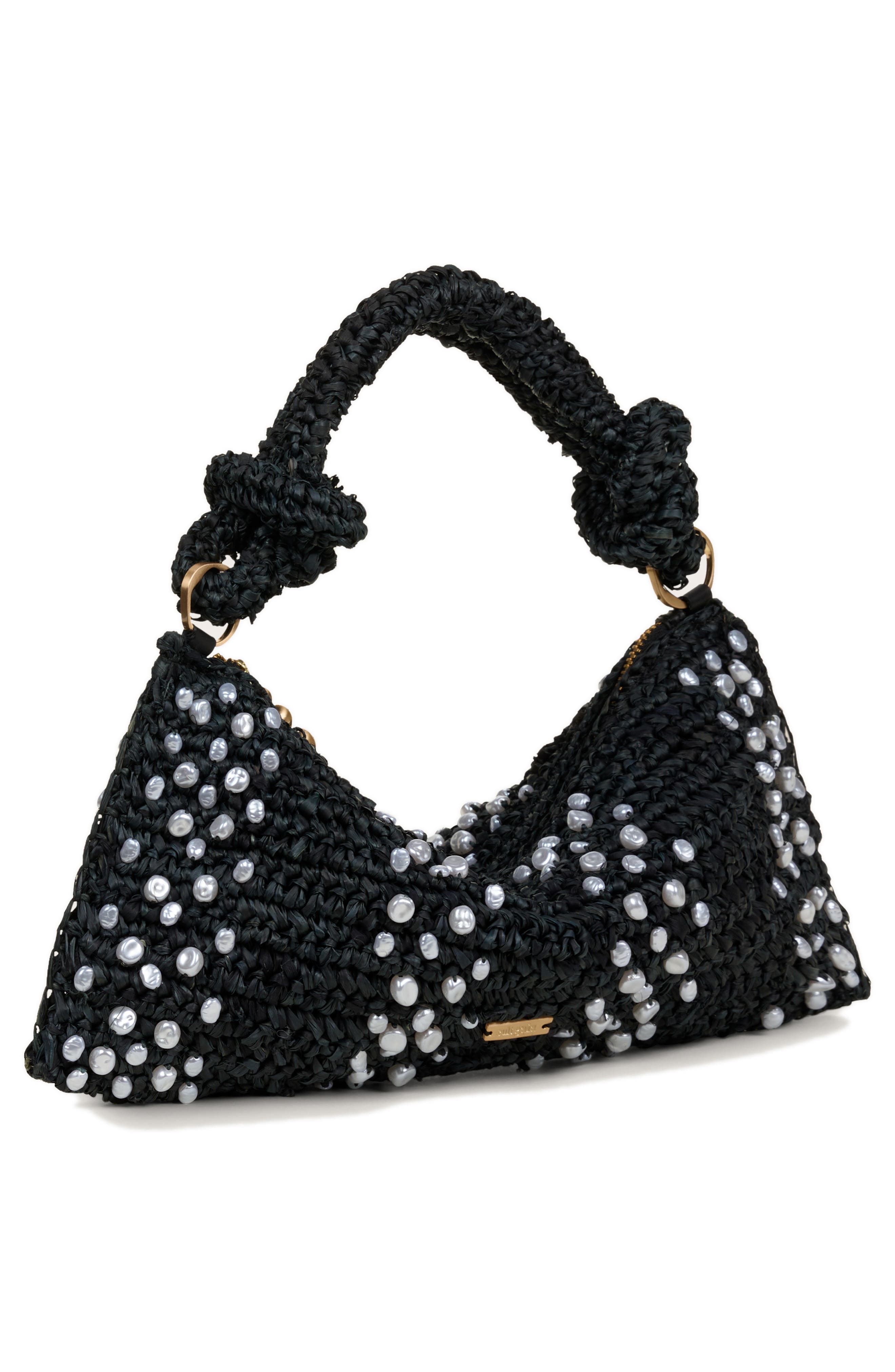 Cult Gaia Nano Hera Imitation Pearl Trim Raffia Shoulder Bag, Alternate, color, 
