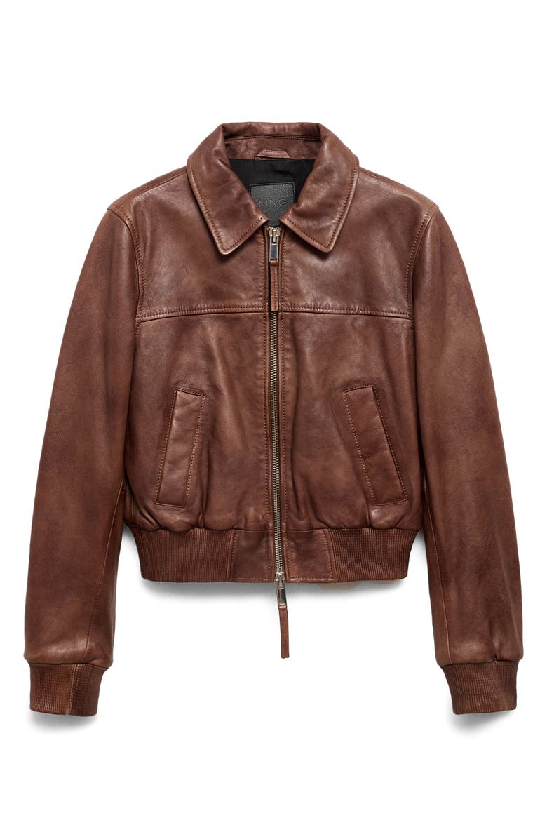 MANGO Leather Bomber Jacket, Alternate, color,