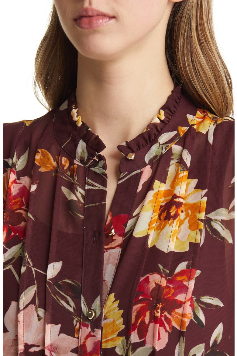 Floral Pleated Long Sleeve Dress, Alternate, color, BROWN MULTI