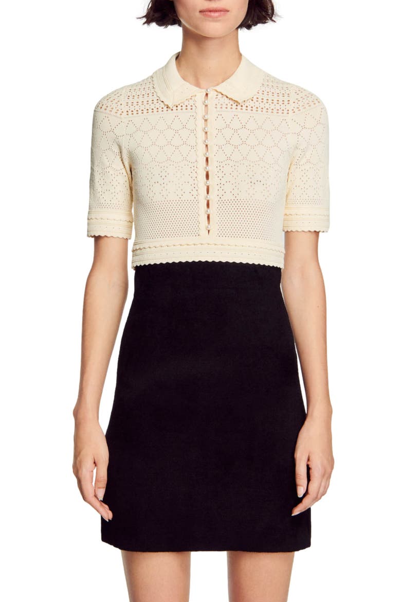 Solene Short Sleeve Sheer Pointelle Crop Sweater, Alternate, color, BLACK
