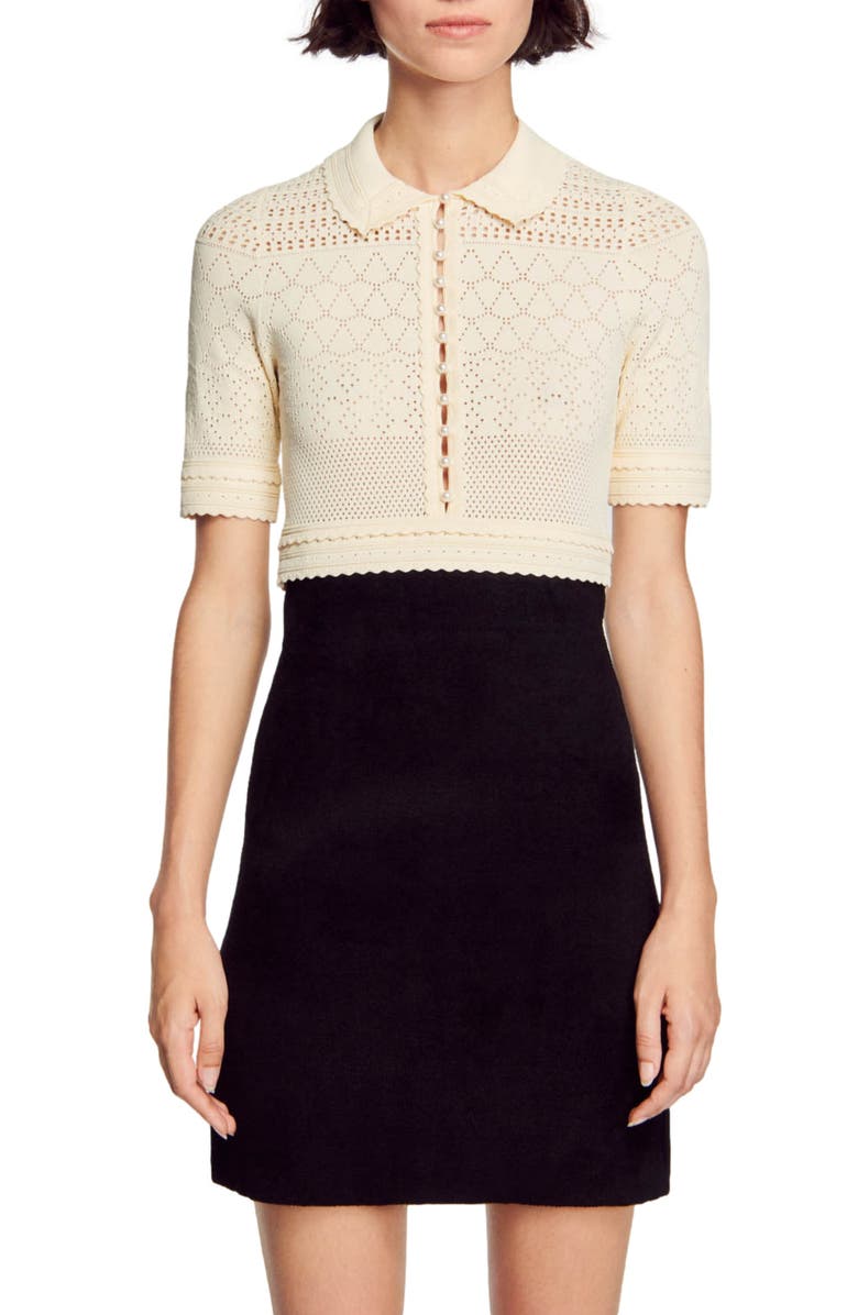 SANDRO Solene Short Sleeve Sheer Pointelle Crop Sweater, Alternate, color, Black