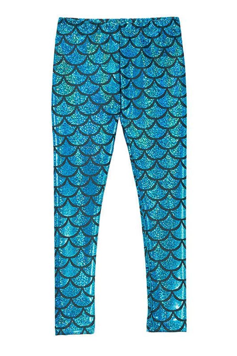 Girls Novelty Stretch Leggings, Main, color, Turquoise Mermaid Sparkle