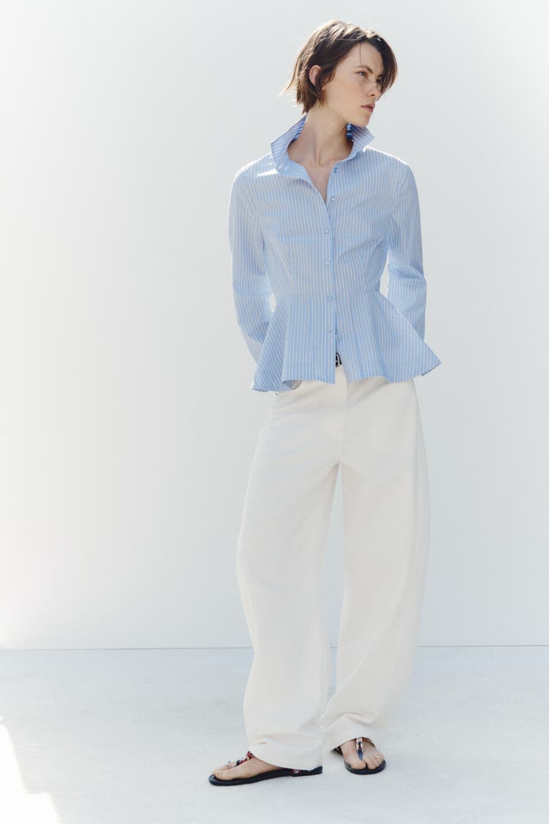 Cotton Peplum Shirt, Alternate, color, Light blue/pinstriped