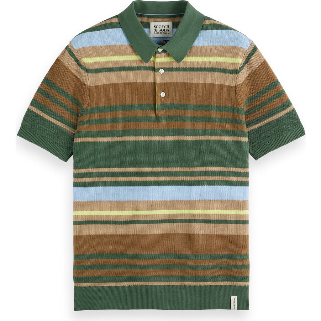 Scotch & Soda Stripe Textured Cotton Knit Polo In Sage Green Multi Stripe