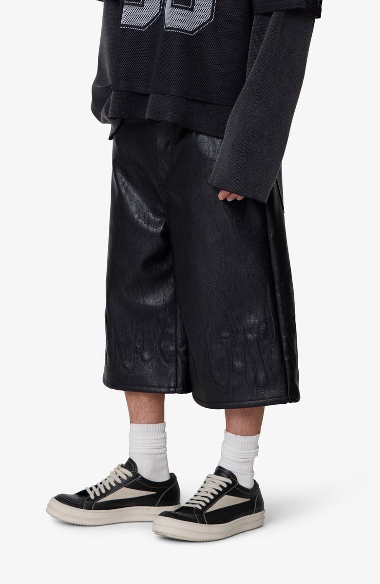mnml Ultra Baggy Flame Appliqué Faux Leather Shorts, Alternate, color, Black
