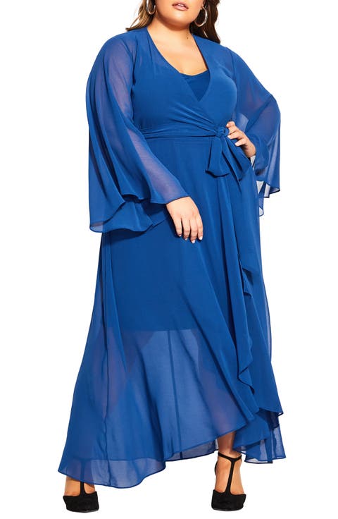Long Sleeve Sheer Chiffon Maxi Wrap Dress (Plus)