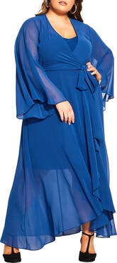 City Chic Long Sleeve Sheer Chiffon Maxi Wrap Dress