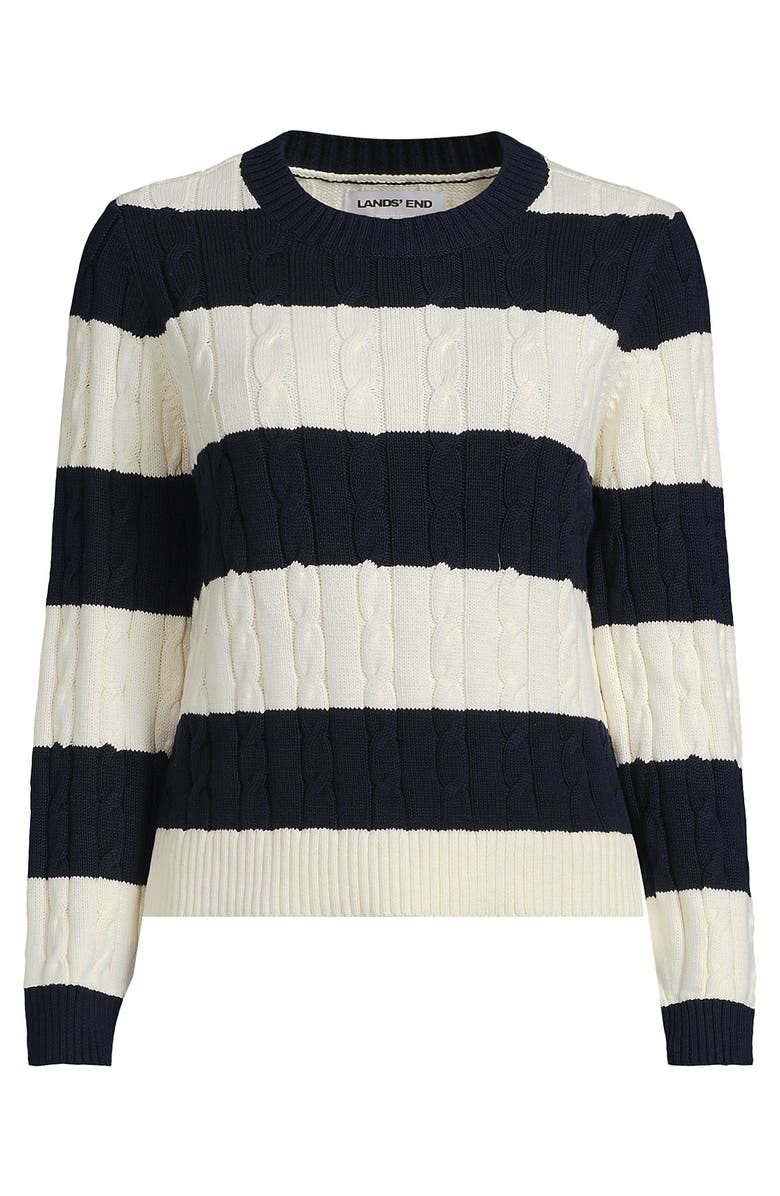 Lands' End Cotton Cable Drifter Crewneck Sweater, Alternate, color, Navy/Ivory Rugby Stripe