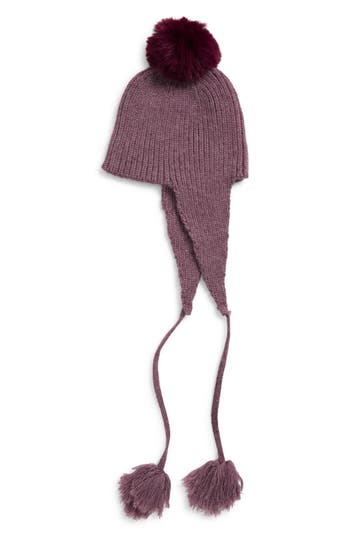Tasha Faux Fur Pom Hat With Ear Flaps In Purple
