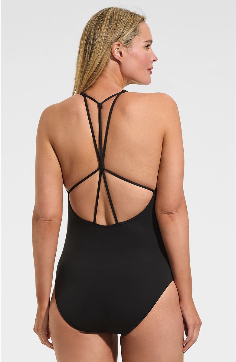 Lands' End Tugless QuickDry V-Neck Multi-Way High Leg One Piece Swimsuit, Alternate, color, Black