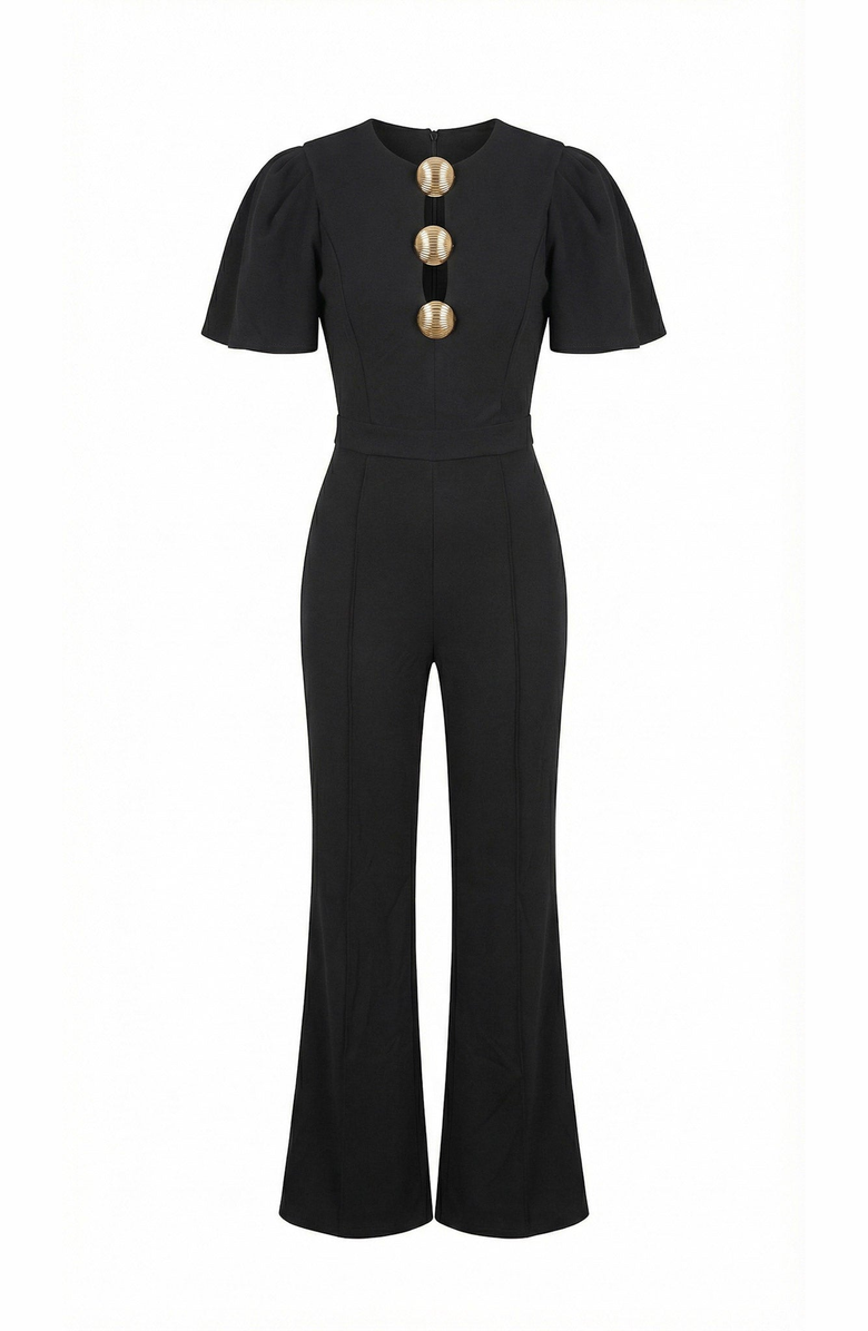 Modenaire Embellished Cutout Flared Leg Jumpsuit, Alternate, color, Black