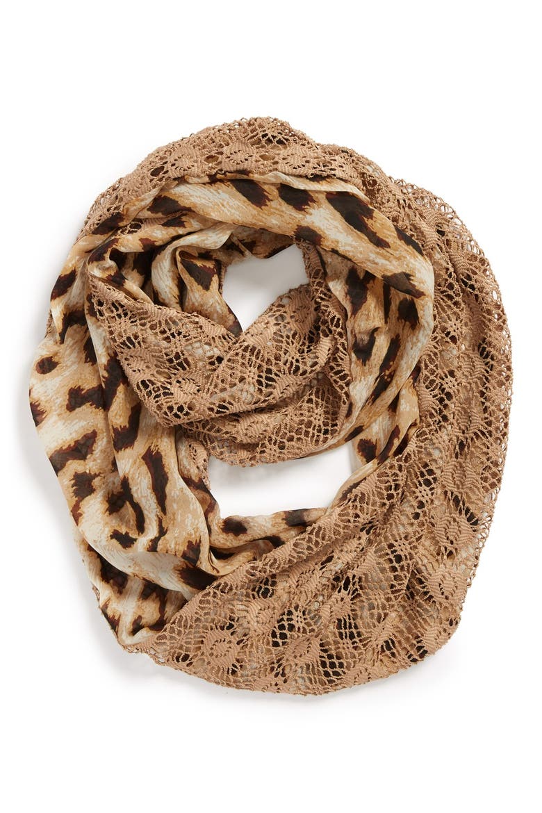 Leopard Print & Lace Infinity Scarf, Main, color, CAMEL