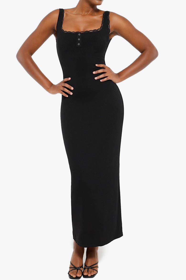 Shapewear Modal Slimming Lace Trim Henley Tank Maxi Spring Resort Dress, Alternate, color, Midnight Black