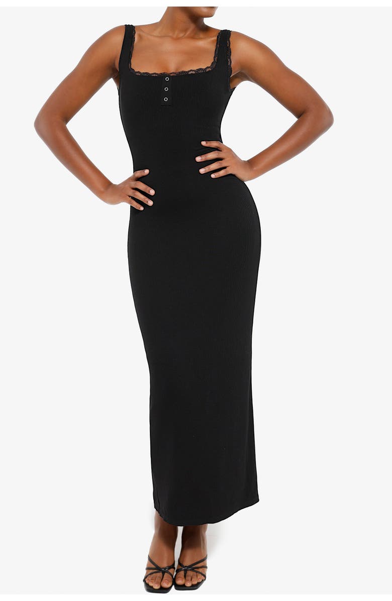 Popilush Shapewear Modal Slimming Lace Trim Henley Tank Maxi Spring Resort Dress, Alternate, color,
